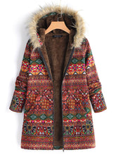 Load image into Gallery viewer, Ethnic Printed Faux Fur Hooded Fleece Autumn Winter Coat