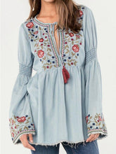 Load image into Gallery viewer, Embroidered Printed Lantern Sleeve Waist Retro Ethnic Style Blouse