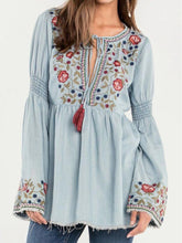 Load image into Gallery viewer, Embroidered Printed Lantern Sleeve Waist Retro Ethnic Style Blouse