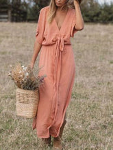 Load image into Gallery viewer, Cotton Linen Waist Short Sleeves Women's Dress