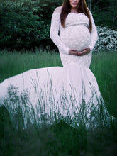 Load image into Gallery viewer, Off-The-Shoulder Lace Chiffon Hem Stitching Maternity Dress