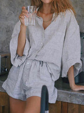 Load image into Gallery viewer, Linen Casual Long-sleeved Shirt Loose Shorts Suit