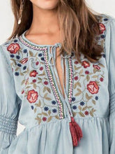 Load image into Gallery viewer, Embroidered Printed Lantern Sleeve Waist Retro Ethnic Style Blouse