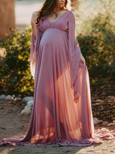 Load image into Gallery viewer, Maternity V-Neck Long Flared Sleeve Chiffon Photography Gown