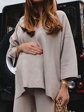 Load image into Gallery viewer, Autumn and Winter Solid Color V-neck Loose Pullover and Wide-leg Pants Suit