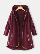 Load image into Gallery viewer, Floral Print Patchwork Long Sleeve Jacquard Hooded Plus Size Coat