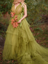 Load image into Gallery viewer, Maternity Sexy Green Tulle V-Neck Photography Dress
