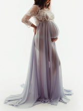 Load image into Gallery viewer, Lace Perspective Long Sleeve Round Neck Maternity Dress