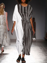 Load image into Gallery viewer, Black And White Stitching Striped Printed Hemp Women's Dress
