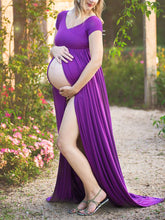 Load image into Gallery viewer, Round Neck Short Sleeve Slit Cotton Maternity Dress