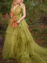 Load image into Gallery viewer, Maternity Sexy Green Tulle V-Neck Photography Dress