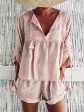 Load image into Gallery viewer, Women's Casual Pink Linen Blouse Short Suit