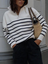 Load image into Gallery viewer, Fashionable High-necked Zipper Striped Knit Top
