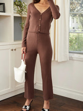 Load image into Gallery viewer, Casual Long Sleeve V-Neck Slim Button Knitted Tops and Trousers Women's Suit

