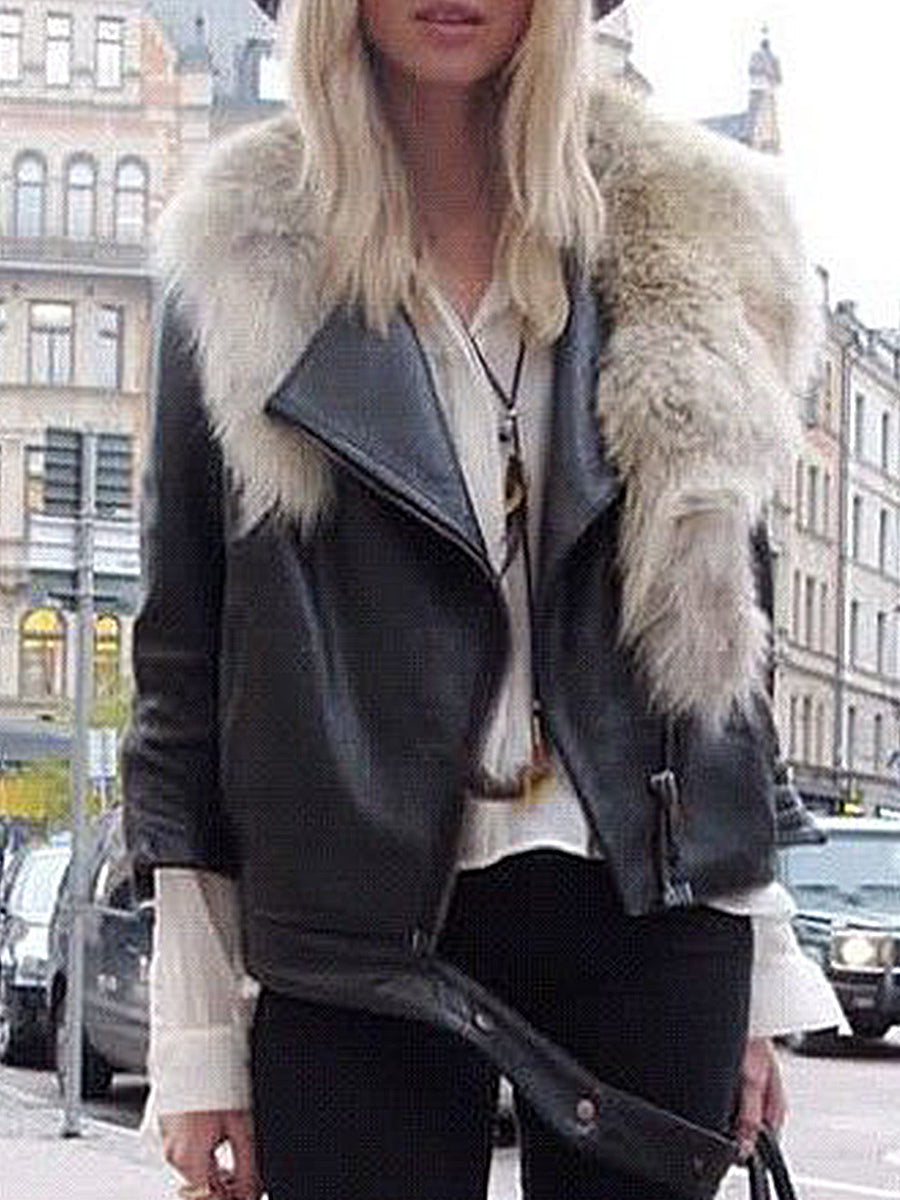 Autumn and Winter Fashion Fur Collar Leather Jacket