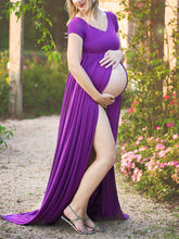 Load image into Gallery viewer, Round Neck Short Sleeve Slit Cotton Maternity Dress
