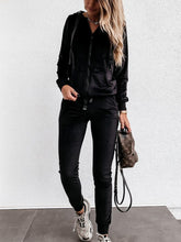 Load image into Gallery viewer, Fashionable Zipper Hooded Top and Elastic Pants Women's Solid Color Suit
