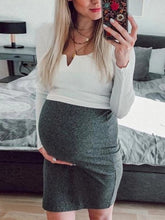Load image into Gallery viewer, Maternity Fashion Split Neck Long Sleeve Plain Fake Two-Piece Sheath Dress
