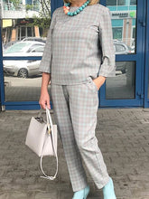 Load image into Gallery viewer, Fashionable and Elegant Plaid Mid-sleeve Round Neck Top and Trousers Ladies Suit
