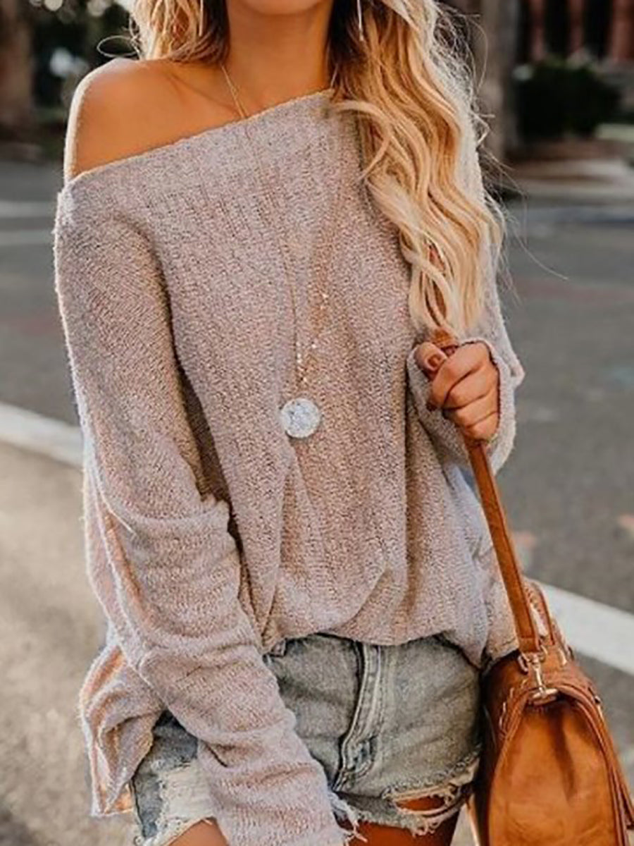 Beige Cold Shoulder Knit Sweater