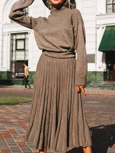 Autumn and Winter Fashion Warm High Neck Sweater and Wool Pleated Long Skirt Suit