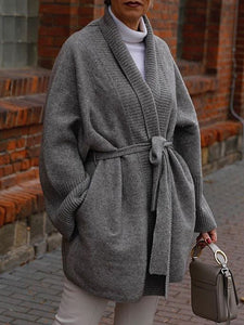 Autumn and Winter Fashion Belted Ladies Knitted Wool Coat