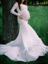Load image into Gallery viewer, Off-The-Shoulder Lace Chiffon Hem Stitching Maternity Dress
