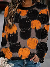 Load image into Gallery viewer, Women's Top Halloween Style Pumpkin Black Cat Print Pullover Top
