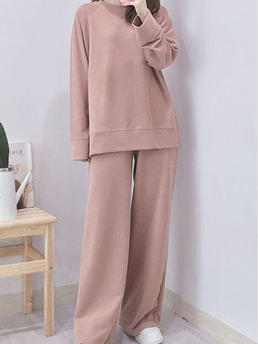 Fashion Casual Round Neck Top and Wide Leg Pants Solid Color Suit