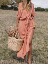 Load image into Gallery viewer, Cotton Linen Waist Short Sleeves Women's Dress
