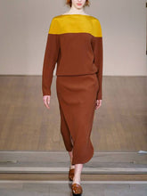 Load image into Gallery viewer, Colorblock Knitted Round Neck Skirt Women's Suits
