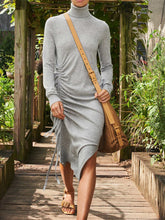 Load image into Gallery viewer, High Neck Long Sleeve Drawstring Solid Color Dress
