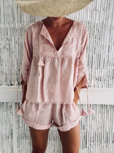 Load image into Gallery viewer, Women's Casual Pink Linen Blouse Short Suit
