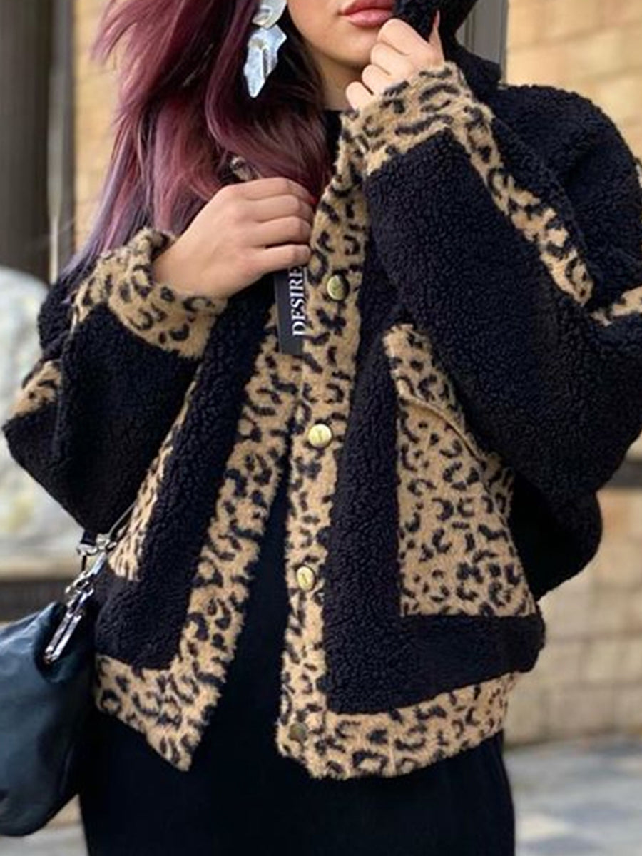 Autumn and Winter Ladies Leopard Print Decorated Ladies Thick Coat