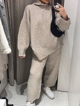 Load image into Gallery viewer, Fashionable Loose Turtleneck Sweater and Wide-leg Pants Solid Color Knitted Suit
