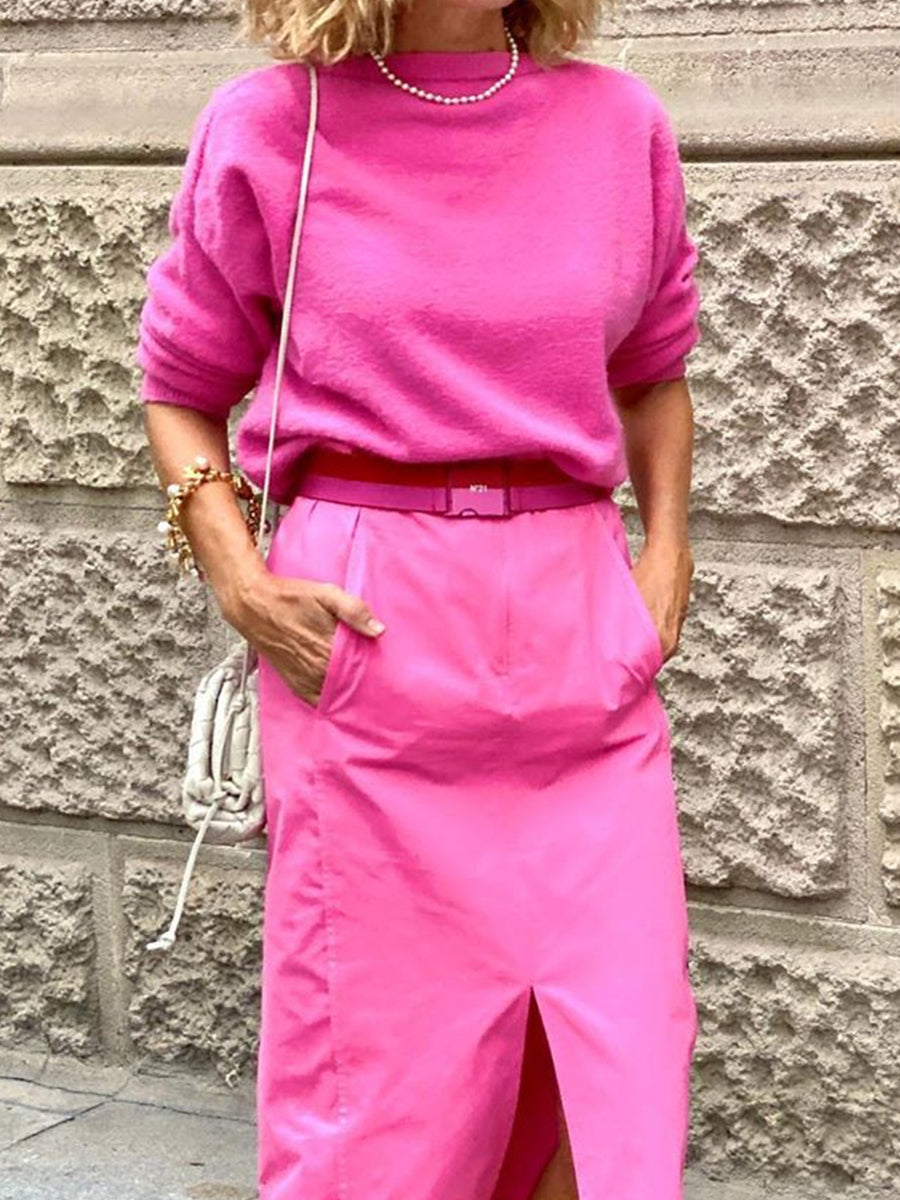 Fashion Casual Round Neck Sweater and Skirt Suit