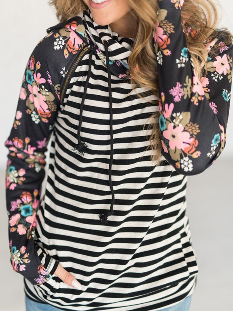 Fashion Casual Sleeve Print Striped Hoodie