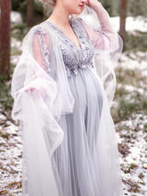 Load image into Gallery viewer, Maternity Sexy V-Neck Flower Applique Long Sleeve Photography Dress
