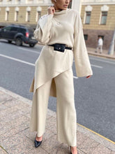 Load image into Gallery viewer, Autumn and Winter Fashion High Collar Irregular Hem Ladies Top and Wide Leg Pants Suit
