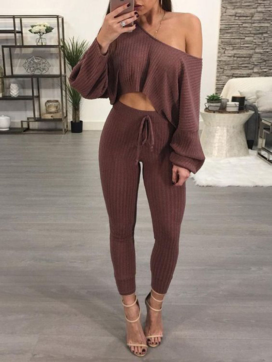 Fashion Casual Long-sleeved Knit Top and Trousers Women's Suit
