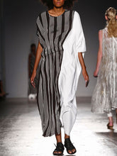 Load image into Gallery viewer, Black And White Stitching Striped Printed Hemp Women's Dress
