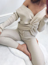 Load image into Gallery viewer, Fashion And Sey V-neck Knitted Tops and Trousers Women Two-piece Suit
